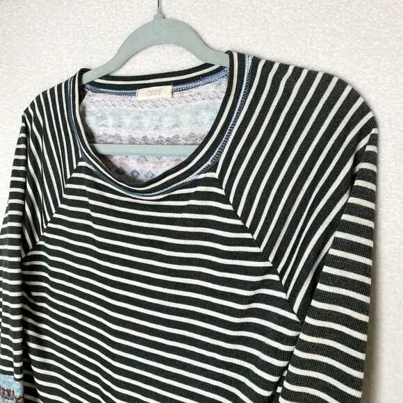 Oddy Striped Long Raglan Sleeve Sweater Top Pullover Geometric Green White - Picture 2 of 11